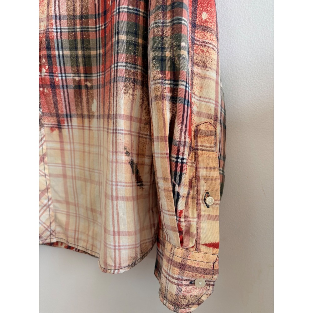 Rue21 Black Bleached Flannel Shirt Red Plaid Pumpkin Graphic Fall Top Womens L - Picture 4 of 9
